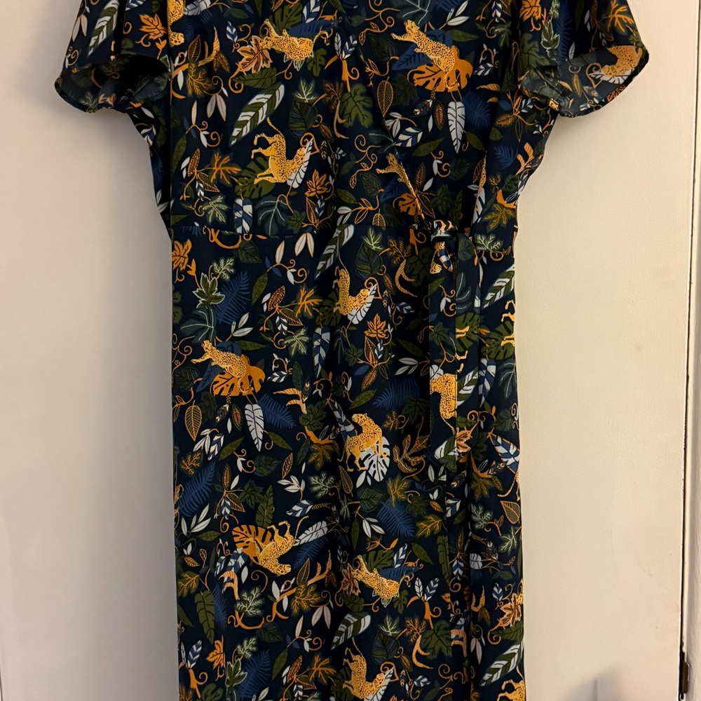 J. Crew Navy Dress with Mustard & Green Jungle Print